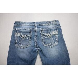 Silver Pioneer Bootcut Denim Jeans Buckle Stretch Pocket Flap Womens Sz 27 x 33